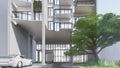 Architectural visualization of a high rise building with landscape watercolor sketch effect