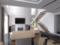 Double Height Living Room with Staircase and Open Kitchen 1 Royalty Free Stock Photo