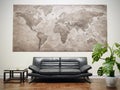 Architectural visualzsation of modern living room with leather sofa and vintage Worl Map poster Royalty Free Stock Photo