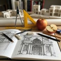 Apple and a half, along with architectural scale models, complete Royalty Free Stock Photo