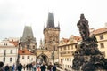 The architecture of the ancient city Prague. The close-up view of the monument.