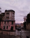 Architecture, architectural buildings, pink sky, pink clouds, street photography