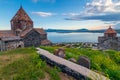 Architecture of Armenian temples View of Sevanavank Monastery and Lake Sevan Royalty Free Stock Photo