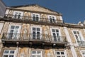 Architecture with azulejo tiles in the Old Town of Lisbon, Portugal. Buildings at the street corner