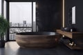 luxury furniture black bathtub white modern interior home design bathroom wood. Generative AI. Royalty Free Stock Photo