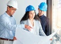 Architecture, blueprint and business people teamwork, planning building development and civil engineering project for Royalty Free Stock Photo