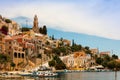 Architecture and boats on the Greek island of Symi. Royalty Free Stock Photo