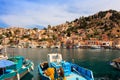 Architecture and boats on the Greek island of Symi. Royalty Free Stock Photo