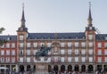 The architecture and the bronze statue of King Philip III on a horse in the Plaza Mayor, a landmark of Madrid, capital of Spain. Royalty Free Stock Photo