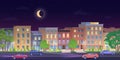 Architecture building in New York streets at night vector illustration, cartoon flat urban NY skyline, panorama view of