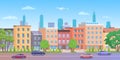 Architecture building in New York streets vector illustration, cartoon flat urban NY skyline, panorama view of