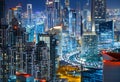 Architecture of Business bay, Dubai, United Arab Emirates. Nighttime skyline. Royalty Free Stock Photo