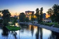 Architecture of Bydgoszcz city with reflection in Brda river at sunset Royalty Free Stock Photo