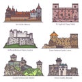 Architecture castle, fort buildings in thin line