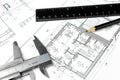 Architecture Construction Drawings. Part of architectural project with engineering tools Royalty Free Stock Photo