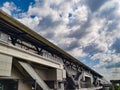 Architecture construction of elevator, escalator stairs and sky walk way, walk bridge between sky train station and department sto Royalty Free Stock Photo