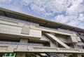 Architecture construction of elevator, escalator stairs and sky walk way, walk bridge between sky train station and department sto Royalty Free Stock Photo