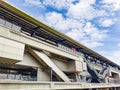 Architecture construction of elevator, escalator stairs and sky walk way, walk bridge between sky train station and department sto Royalty Free Stock Photo