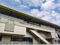 Architecture construction of elevator, escalator stairs and sky walk way, walk bridge between sky train station and department Royalty Free Stock Photo