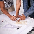 Architecture, consulting and hands of business people on blueprint, paperwork or floor plan for building project. Civil Royalty Free Stock Photo