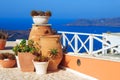 Architecture details with a view of the caldera in Fira village, Santorini