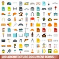 100 architecture document icons set, flat style