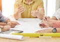 Architecture, drawing and hands of business people for planning, discussion and engineering design. Teamwork Royalty Free Stock Photo