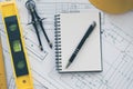 Architecture, engineering plans and drawing equipment Royalty Free Stock Photo