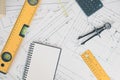Architecture, engineering plans and drawing equipment Royalty Free Stock Photo
