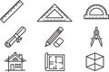 Architecture and engineering tools collection including ruler protractor compass blueprint house cube Royalty Free Stock Photo