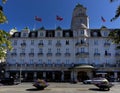 Architecture of an exterior view of the famous Grand Hotel in Oslo Norway