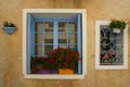 Architecture Facade blue windows flowers Brantome France Royalty Free Stock Photo