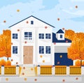 Architecture facade white french cottage house Vector. Fall autumn season backgrounds