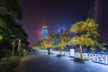 Architecture in Guangzhou, China with lit up trees