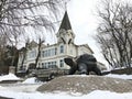 Architecture of houses built of wood, snowy, resort city of Jurmala. Latvia, spring 2018 Royalty Free Stock Photo