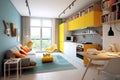 architecture idea of a living room interior design, showcasing a yellow and blue color scheme Royalty Free Stock Photo
