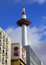 Architecture of Japan. Tower and hotel on a blue sky background.