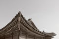 Sepia background image of korean historical roof,ornate of typical asian tiles and decorative Japsang symbolic figures.