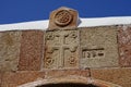 Historical decor adorns the outer wall of St. Mary\'s Church in Lindos. Rhodes Island, Dodecanese