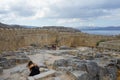 View of the fortress wall and west wing of the Hellenistic stoa on the ancient Acropolis of Lindos. Lindos, Rhodes island, Greece Royalty Free Stock Photo