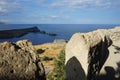 View of the Mediterranean Sea from the ancient Acropolis of Lindos. Rhodes Island, Dodecanese, Greece Royalty Free Stock Photo