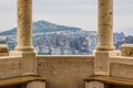 Architecture and landscape background pattern concept photography of symmetry stone frame gazebo column European building on gray Royalty Free Stock Photo