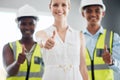 Architecture, leader and thumbs up to women in construction, architectural and yes to industrial success. Woman in Royalty Free Stock Photo