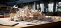 architecture models and paper on the desk Royalty Free Stock Photo