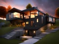 Architecture modern design, concrete house, night scene