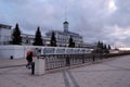 Architecture of Nizhny Novgorod, Russia. River station building at evening