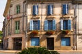 Architecture oFacade blue windows flowers Brantome France Royalty Free Stock Photo