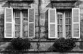 Architecture oFacade blue windows flowers Brantome France Royalty Free Stock Photo