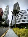 Architecture- Business Tower, fisheye lens effect. Tanjong Pagar, International Plaza, Singapore.  15. September 2020. Royalty Free Stock Photo
