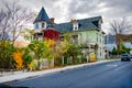 architecture of the old American town of Cumberland. Colored brick houses and streets under the autumn sky